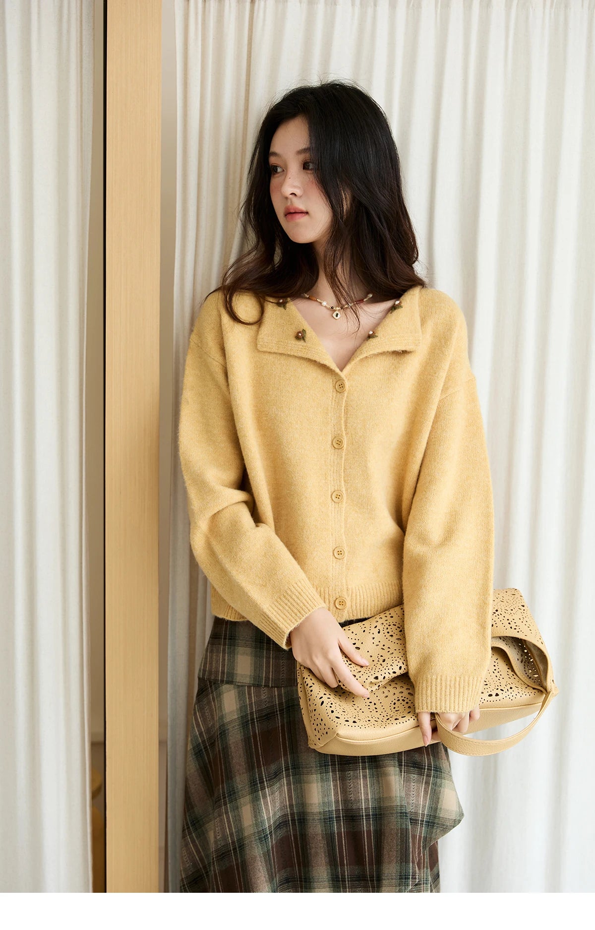 Mishow Yellow Handmade Flower Turn-Down Collar Cardigan MXE47Z2591