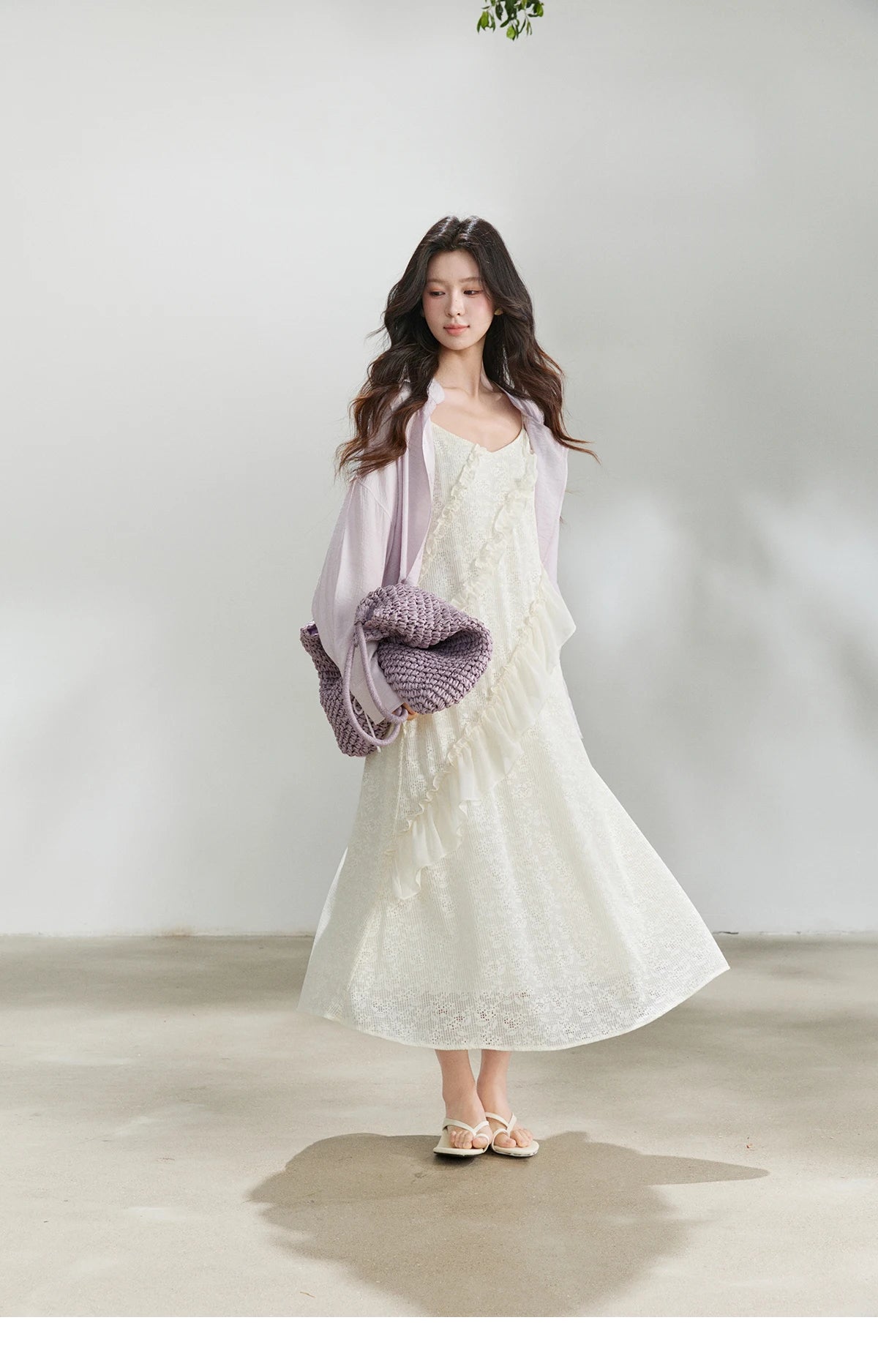 Mishow Cream Irregular Lace Ruffled Slip Dress MXF108L1005