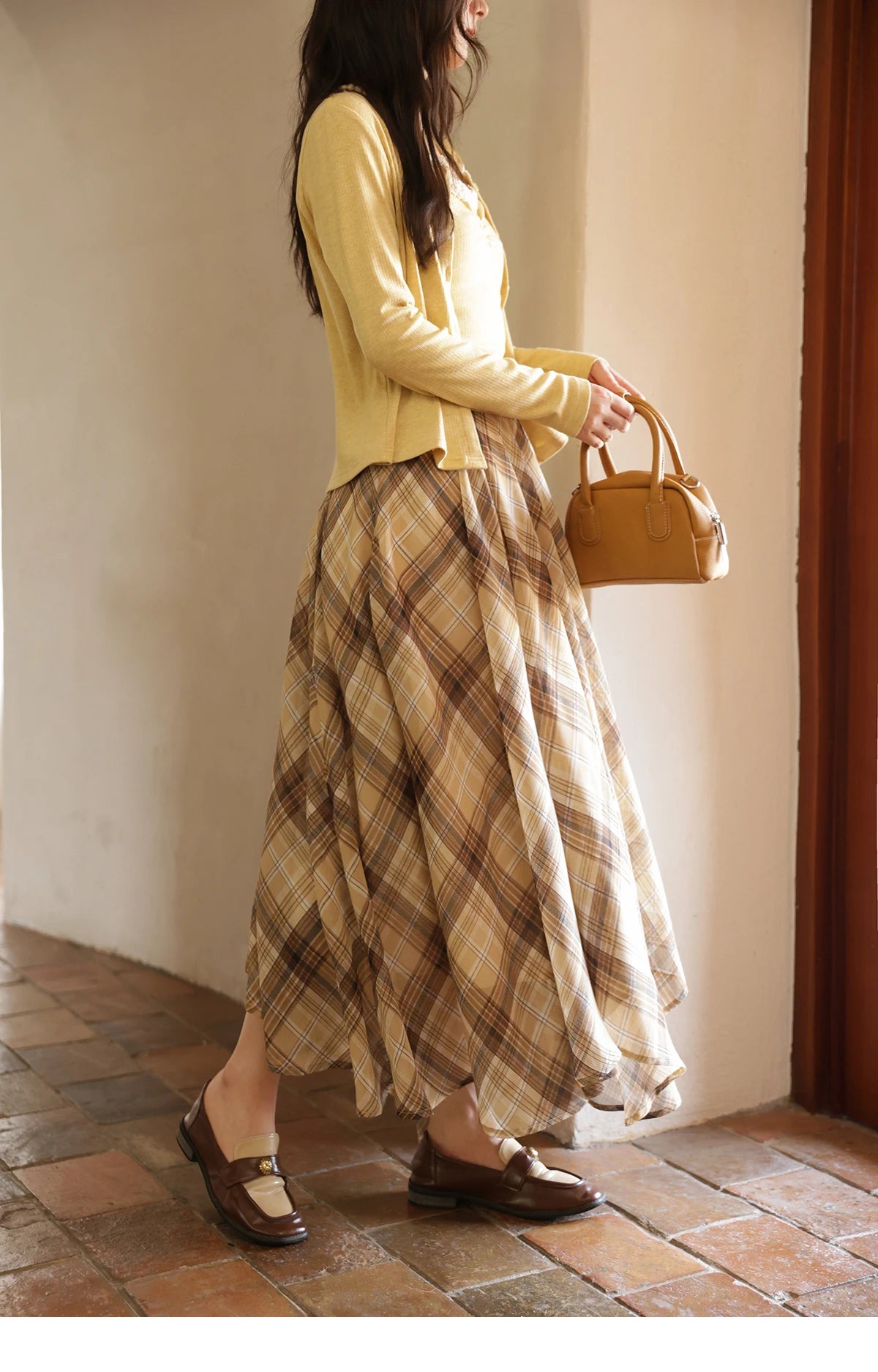 MISHOW Coffee Plaid Skirt Asymmetrical Hem Side Zipper A-Line MXE42B2377