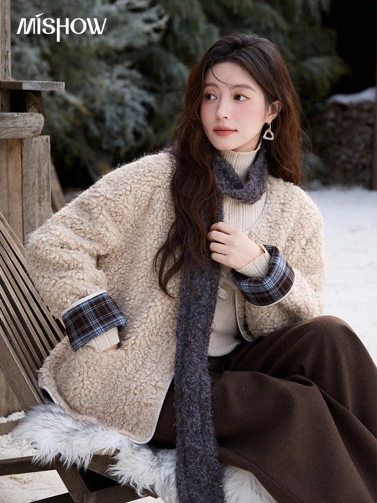 Mishow Plaid Patchwork Curly Lambswool Coat MXE87W0939