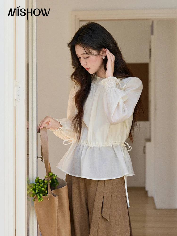 MISHOW Ruffled Stand Collar Blouse Drawstring Waist Puff Sleeve MXF11C2428