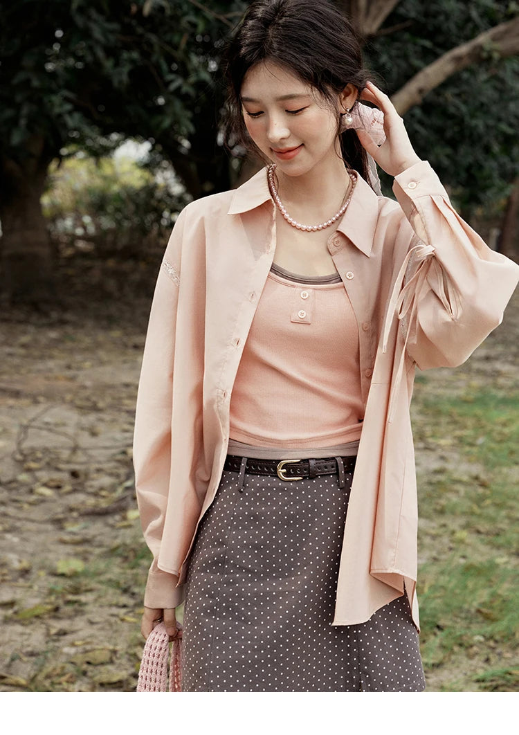 MISHOW Pink Long Sleeve Shirt Lace Bow Tie MXE16C0767