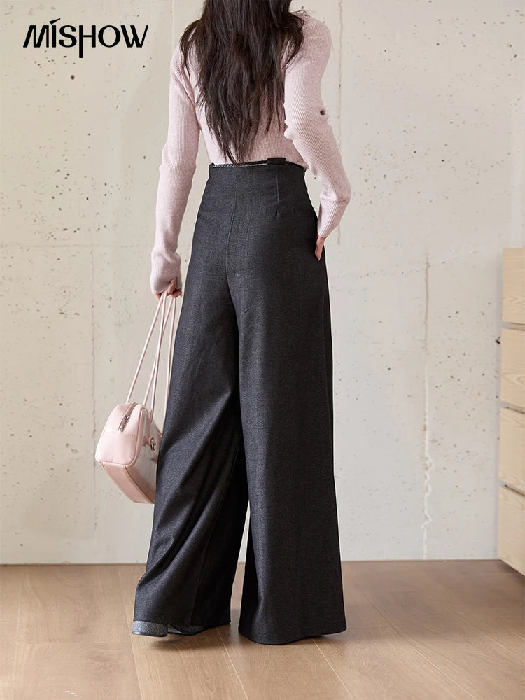 MISHOW Gray Wide-Leg Pants Lace-Up High Waist Slim MXE51K1106