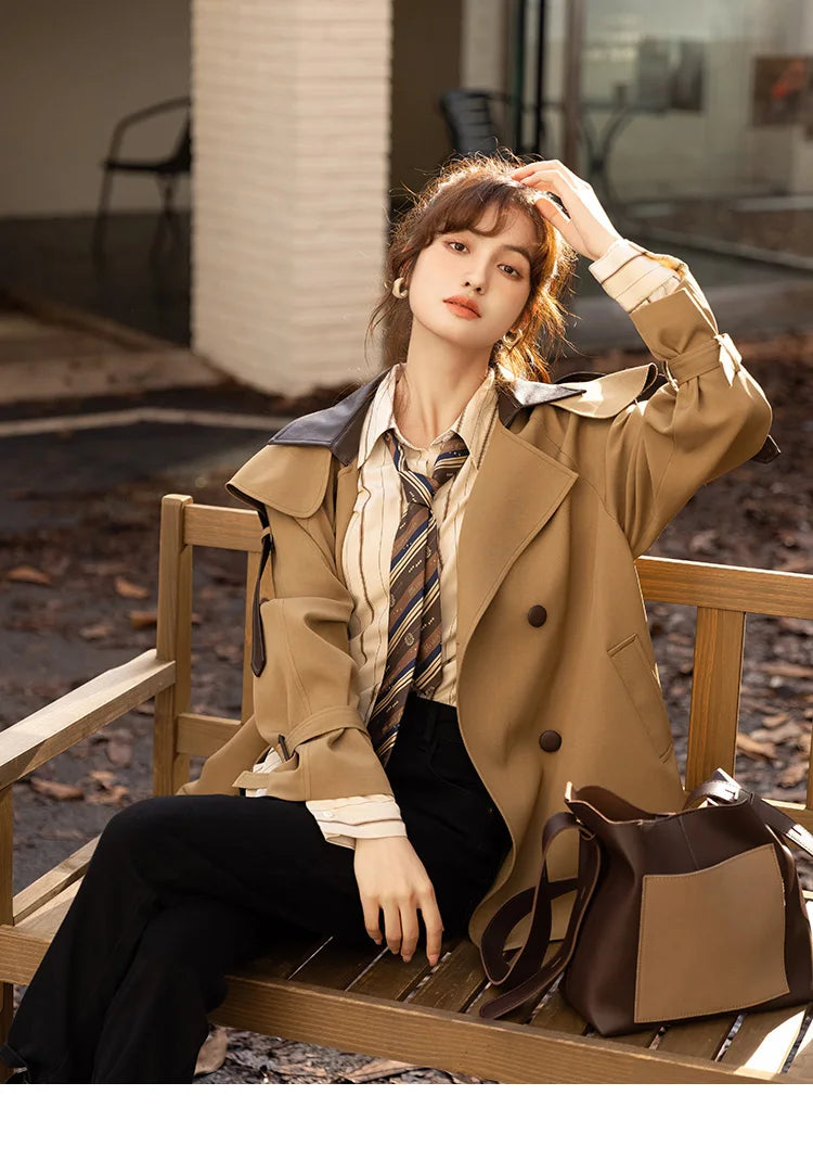 Mishow Polo Collar Patchwork Long Trench Coat MXB33W0399