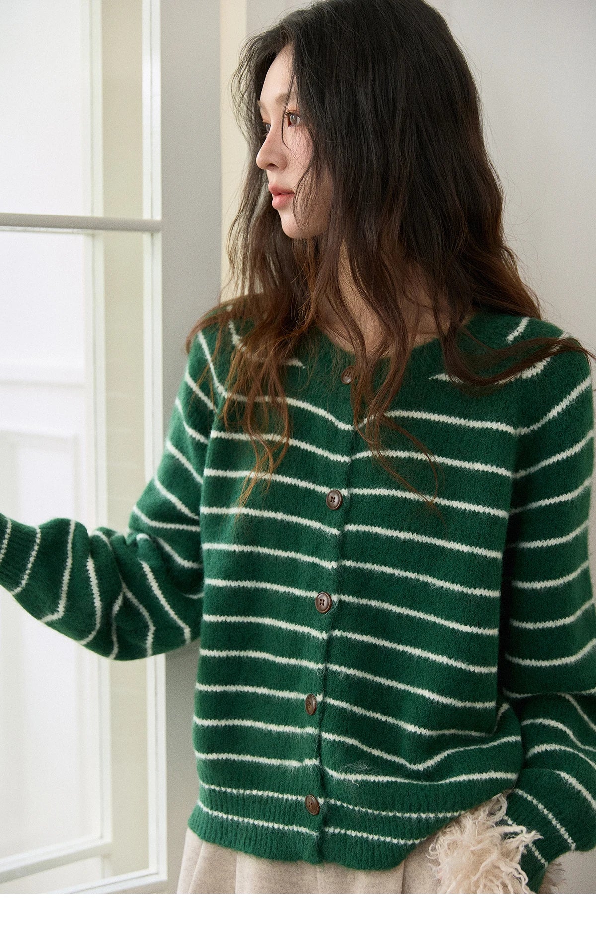 Mishow Green Striped Wool Blend Retro Cardigan MXE86Z2735