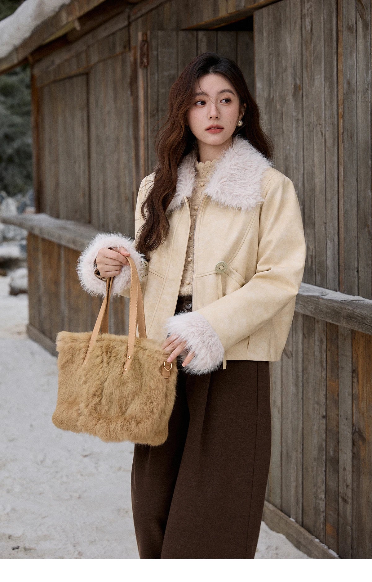 Mishow Apricot Suede Plush Collar Jacket MXE91W0987
