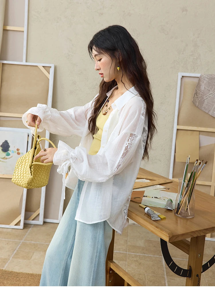 MISHOW Women's Patchwork Lace Shirt Lapel Drop Sleeve Drawstring Cuffs MXE31C0789