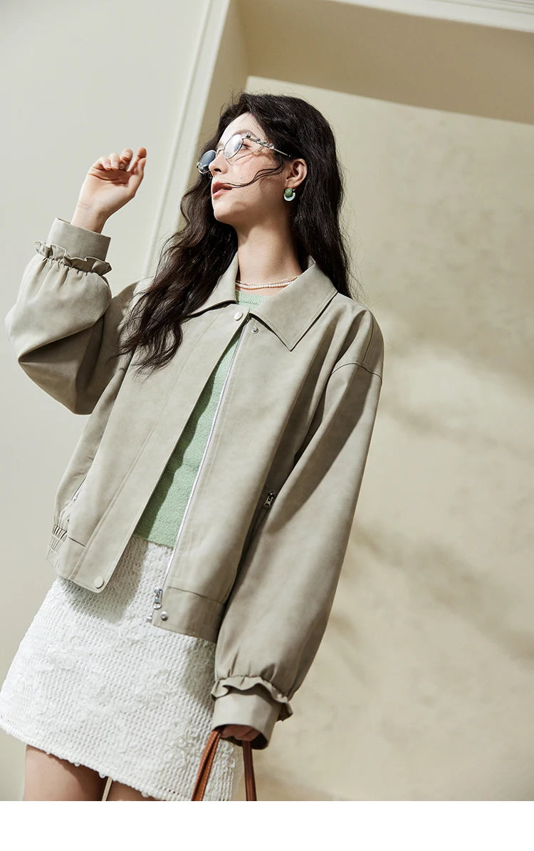 MISHOW Minimalist Short Jacket Lapel Zipper Elastic Hem MXE13W0715