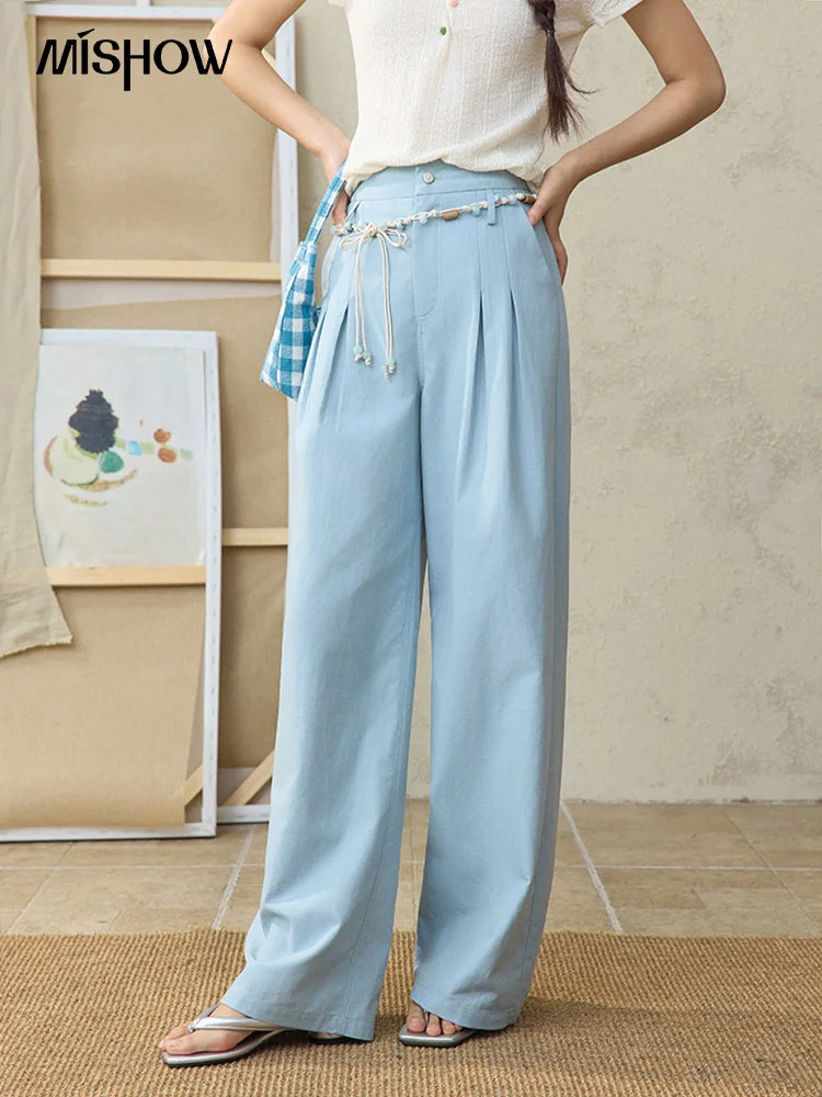 MISHOW Sea Salt Blue Wide Leg Pants Contrasting Bead Belt MXE35K0931