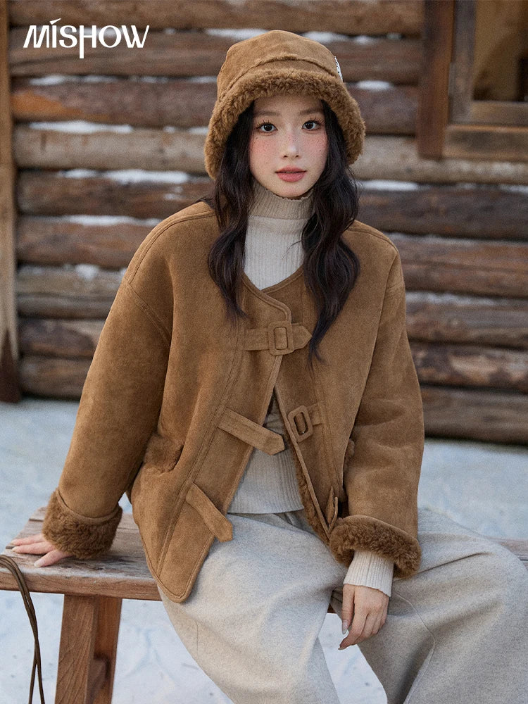 MISHOW Brown Round Neck Coat Button Pockets Loose Windproof MXE90W0994