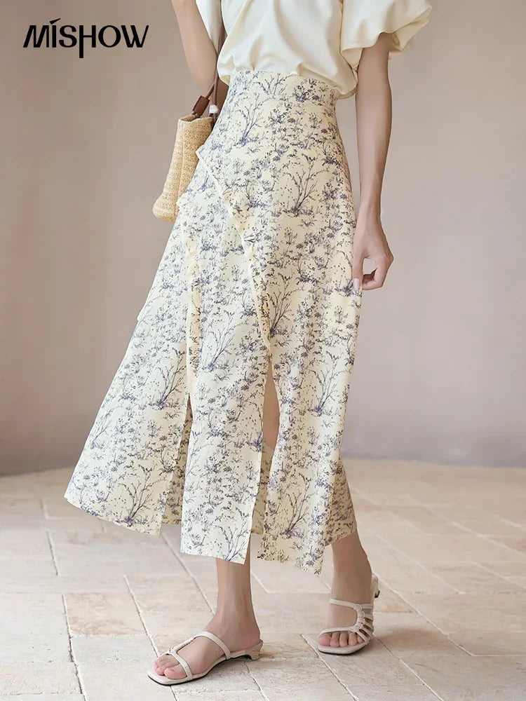 MISHOW Retro Floral Midi Skirt Side Split High Waist Elastic MXC37B0044