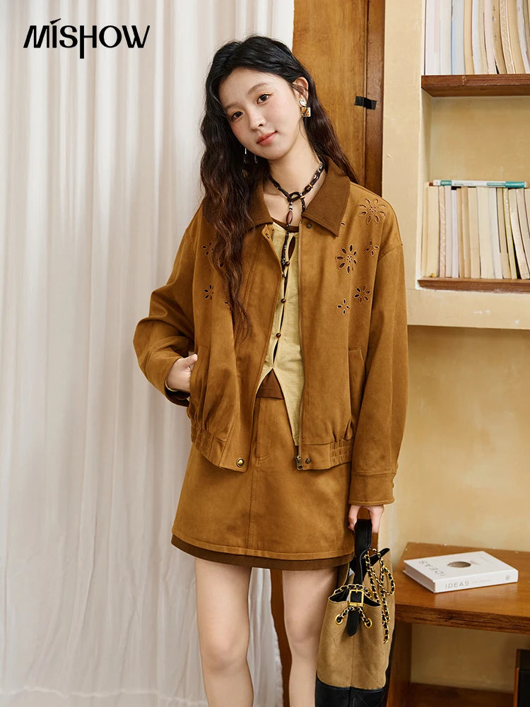 Mishow Retro Corduroy Cutout Jacket & Mini Skirt Set MXE47T0745