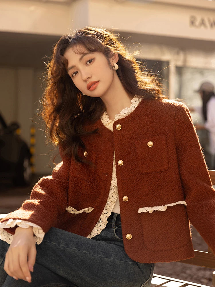 MISHOW Wool Coat Lace Splicing Lamb Wool Button Pockets MXB43W0720