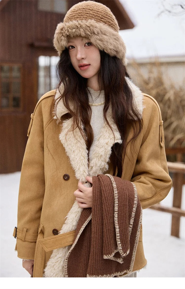 MISHOW Suede Lambskin Fleece Coat Double Breasted Windproof MXE86W0907