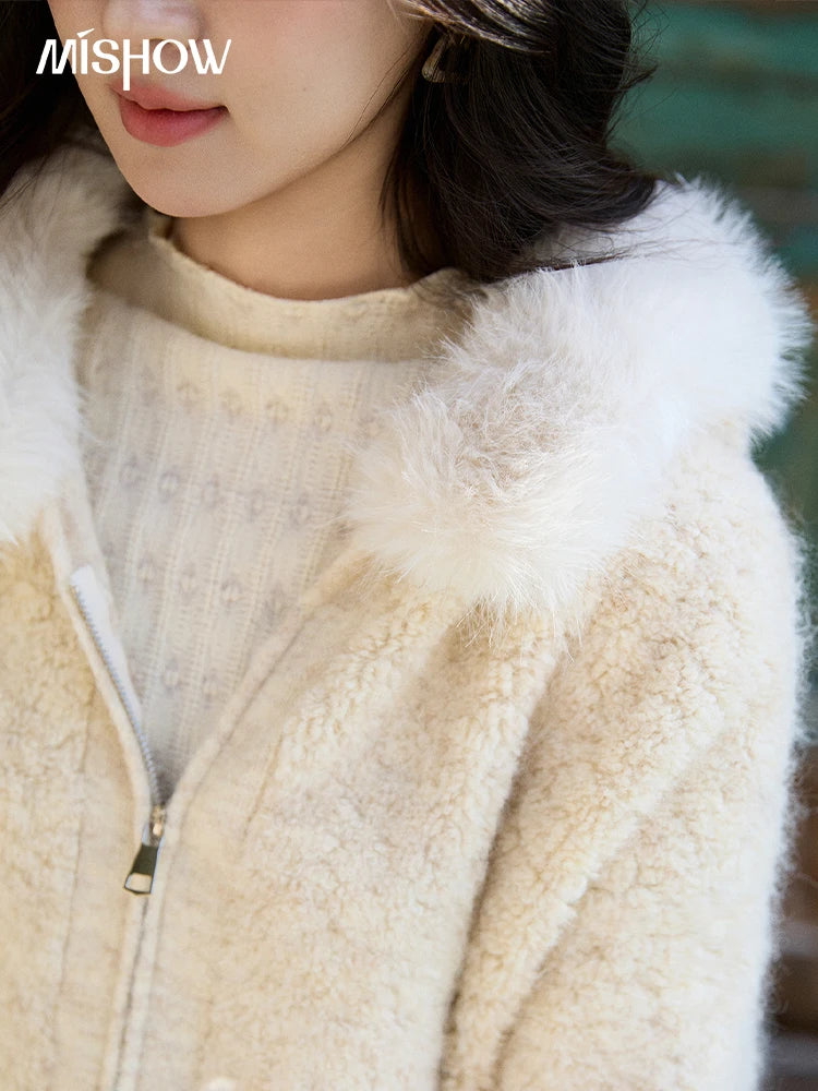 Mishow Beige Fur Hood Zipper Cardigan MXE94Z2963