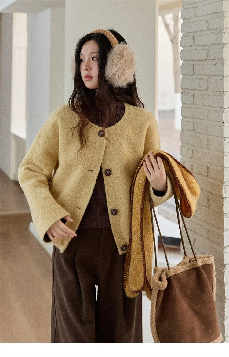 MISHOW Brown Wool Quilted Coat Round Neck Short Loose MXE87W0935