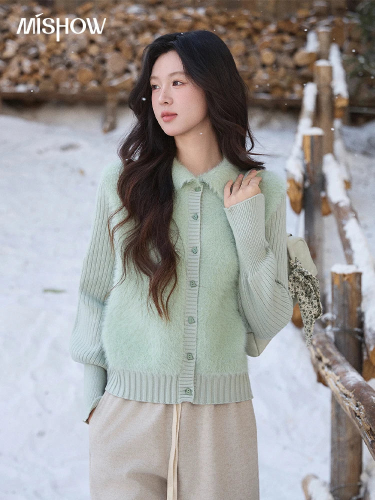 Mishow Green Faux Mink Fur Patchwork Lapel Cardigan MXE86Z2764