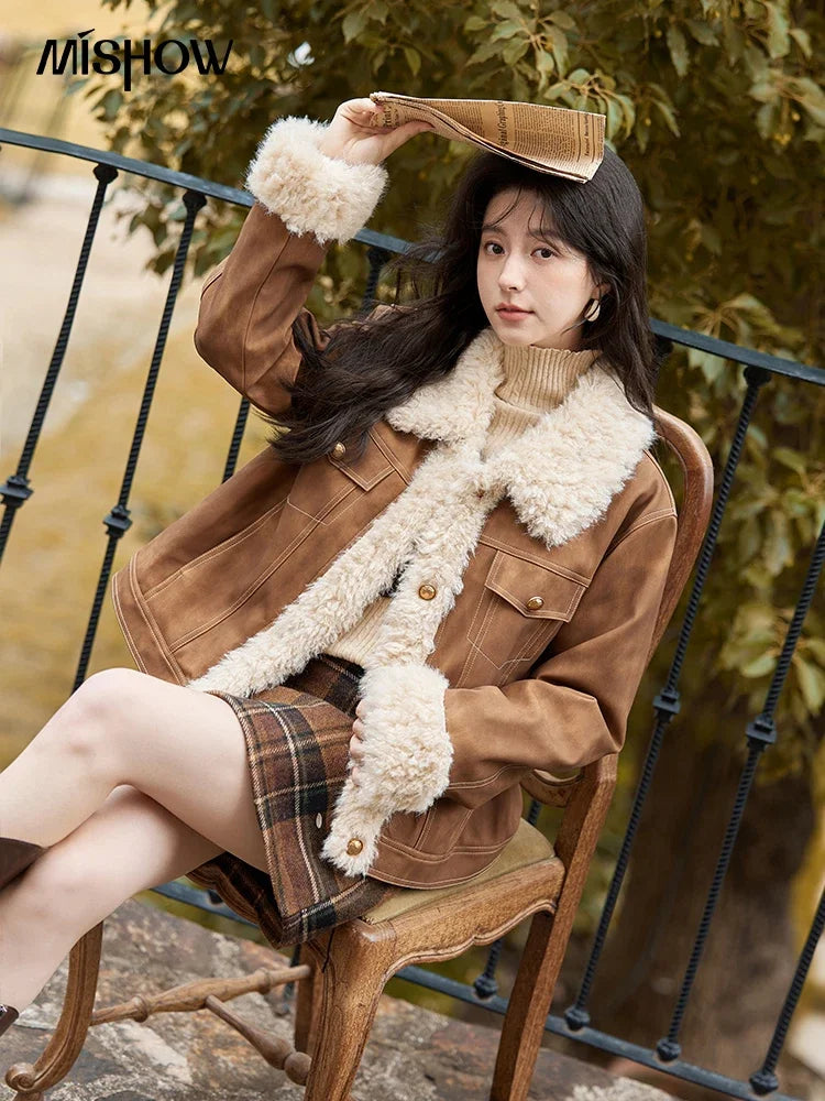 Mishow Leather Fur Lamb Wool Spliced Jacket MXD56W0538