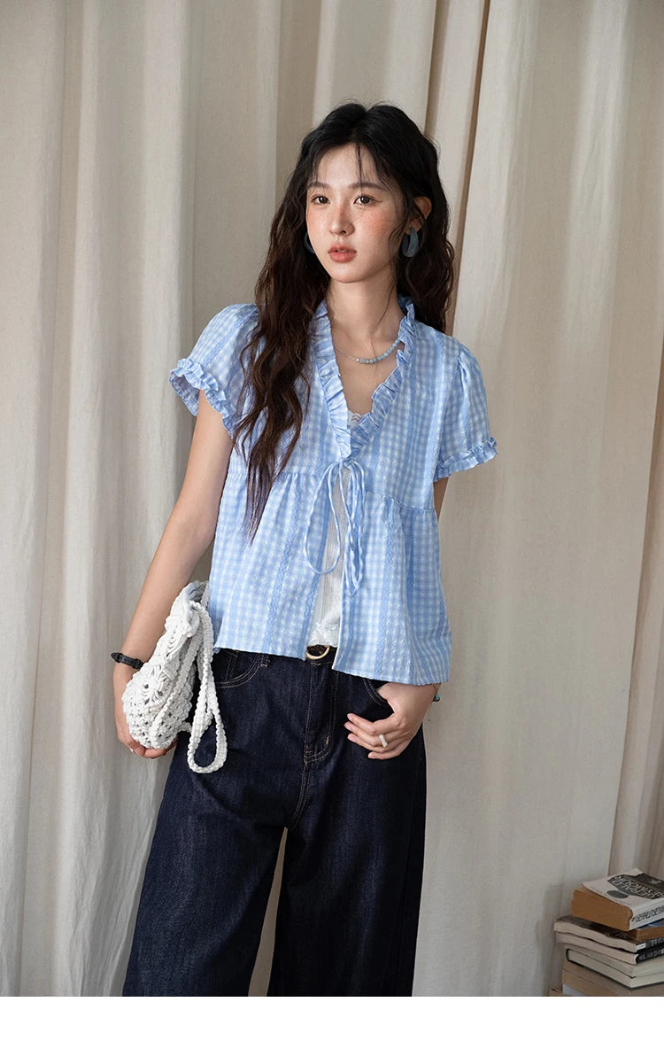 MISHOW Plaid Blue Fake Two Piece Blouse Puff Sleeve V-Neck Lace Up MXE37X1901