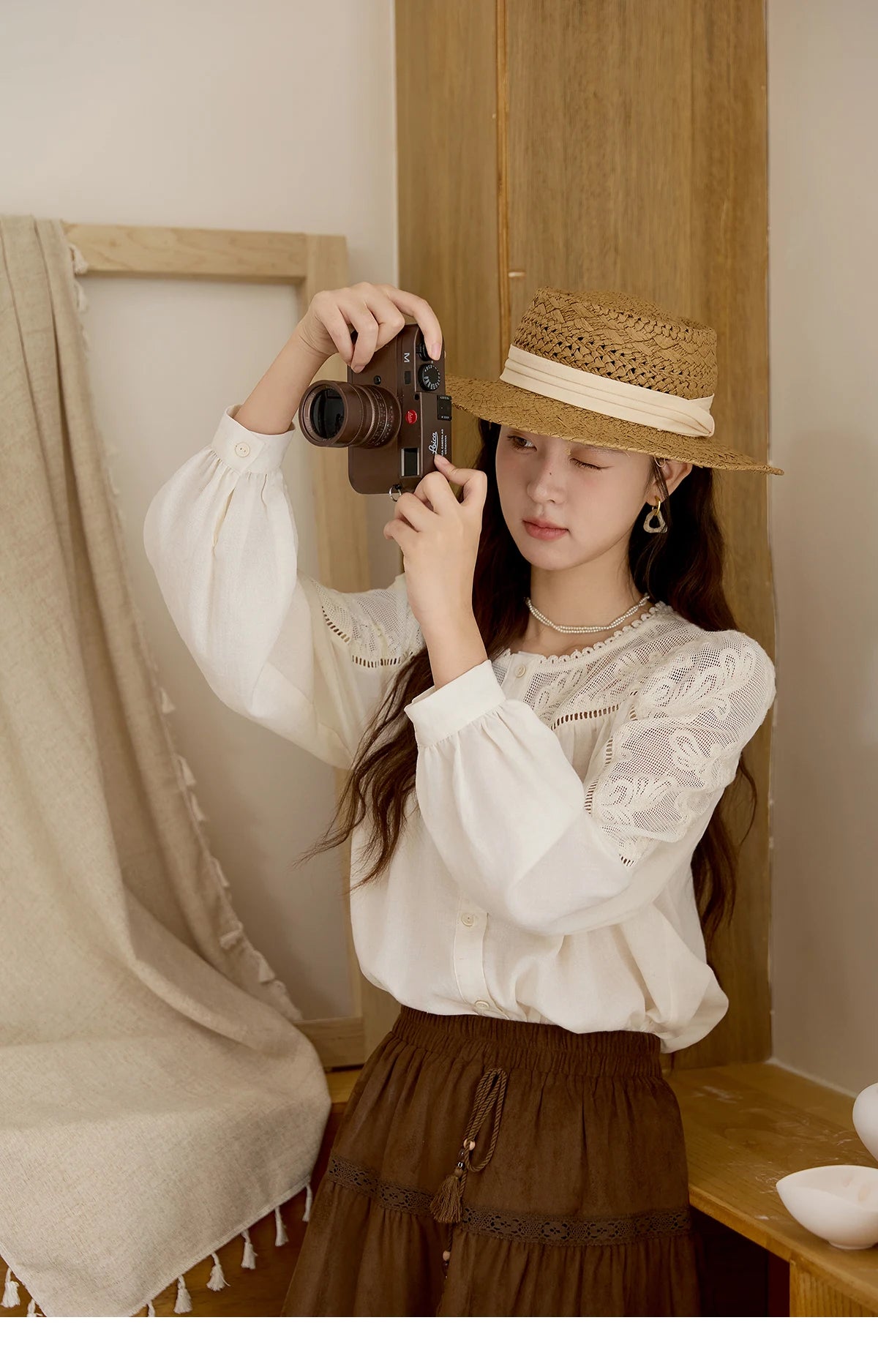 MISHOW Beige Hollow Out Embroidery Shirt O-Neck MXE44X2498