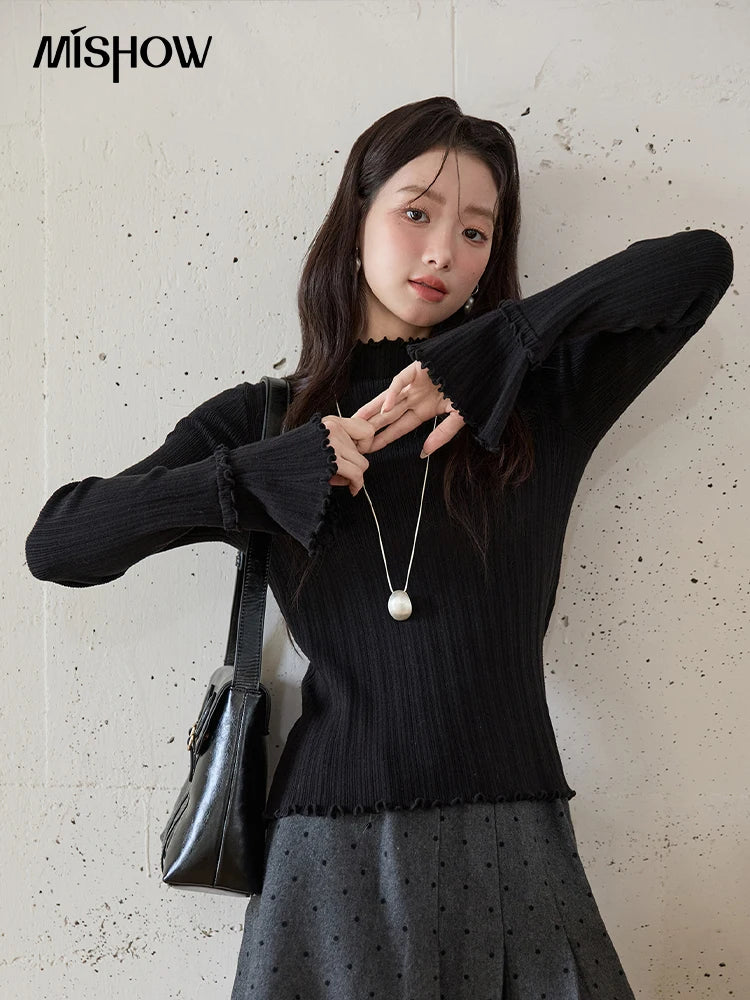 Mishow Turtleneck Wood Ear Trumpet Sleeve Top MXE51Z2552