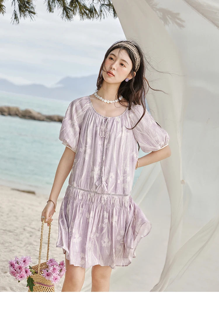 Mishow Print U-Neck Lace Hollow Chiffon Dress MXE32L2164