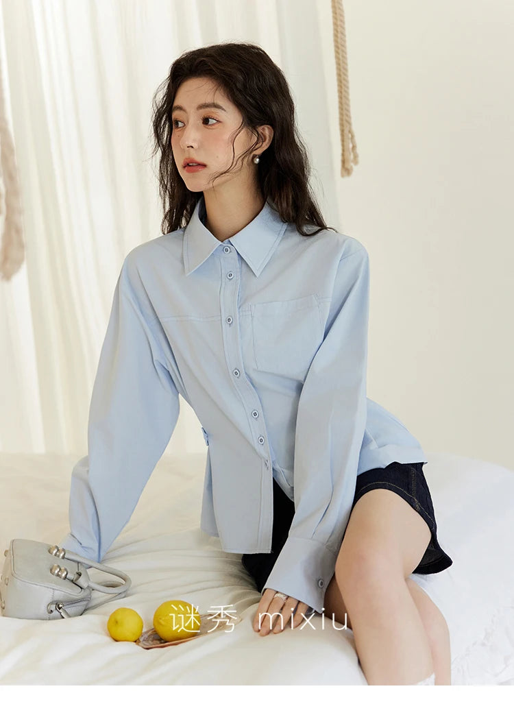 MISHOW Women's French Blue Shirt Polo Collar Waist Pocket MXE14C0753