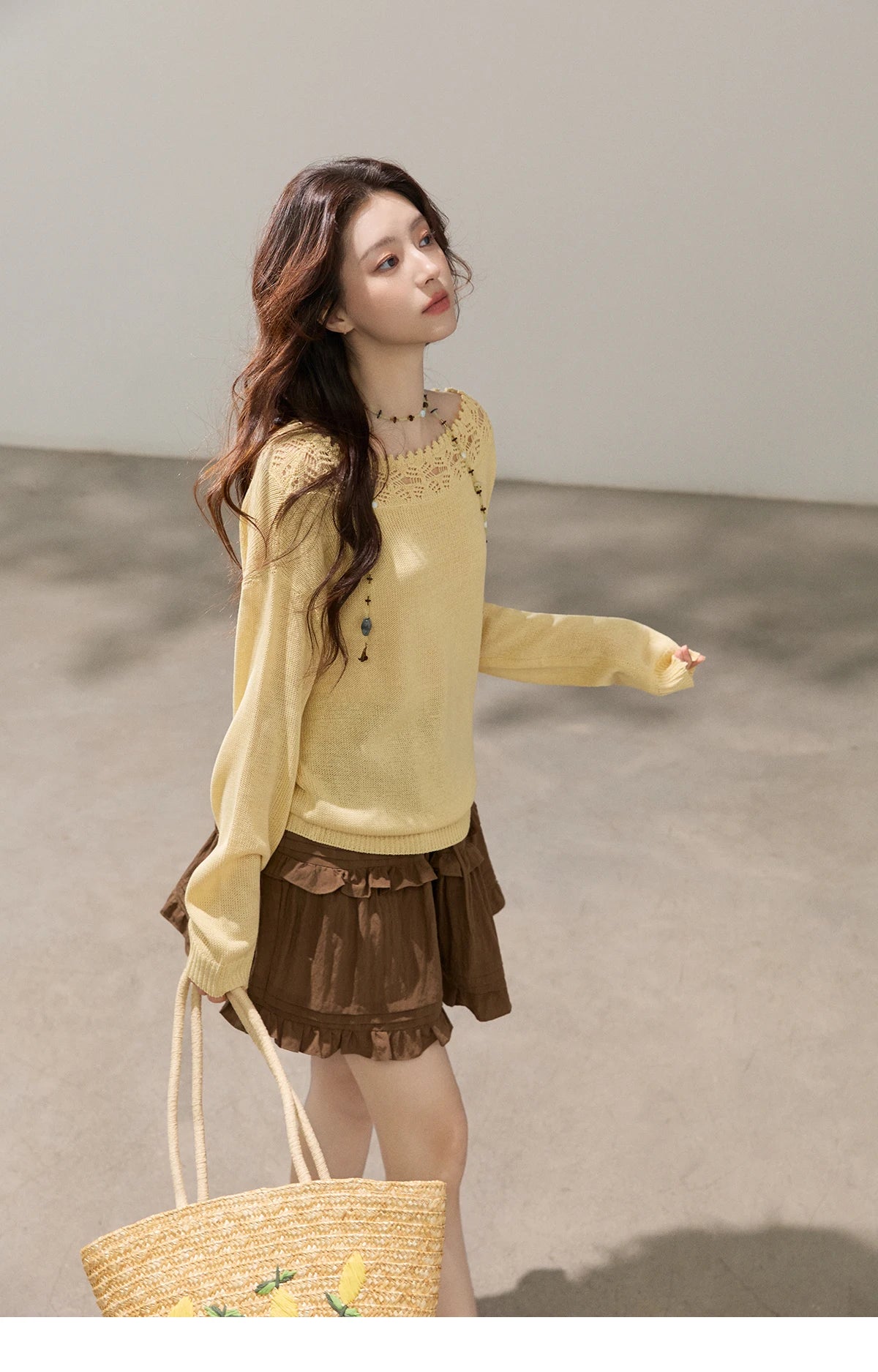 Mishow Yellow Hollow Lace Trim Boat Neck Sweater MXF15Z3050