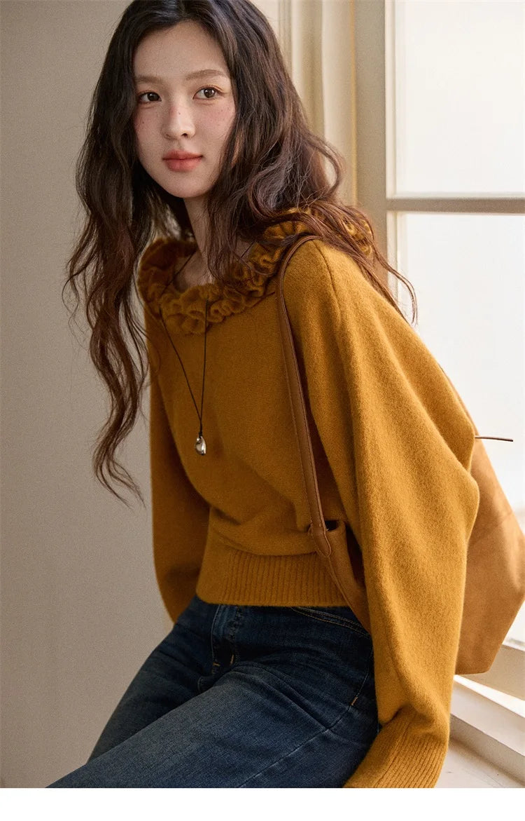 Mishow Orange Lotus Edge Lantern Sleeve Pullover MXE86Z2726
