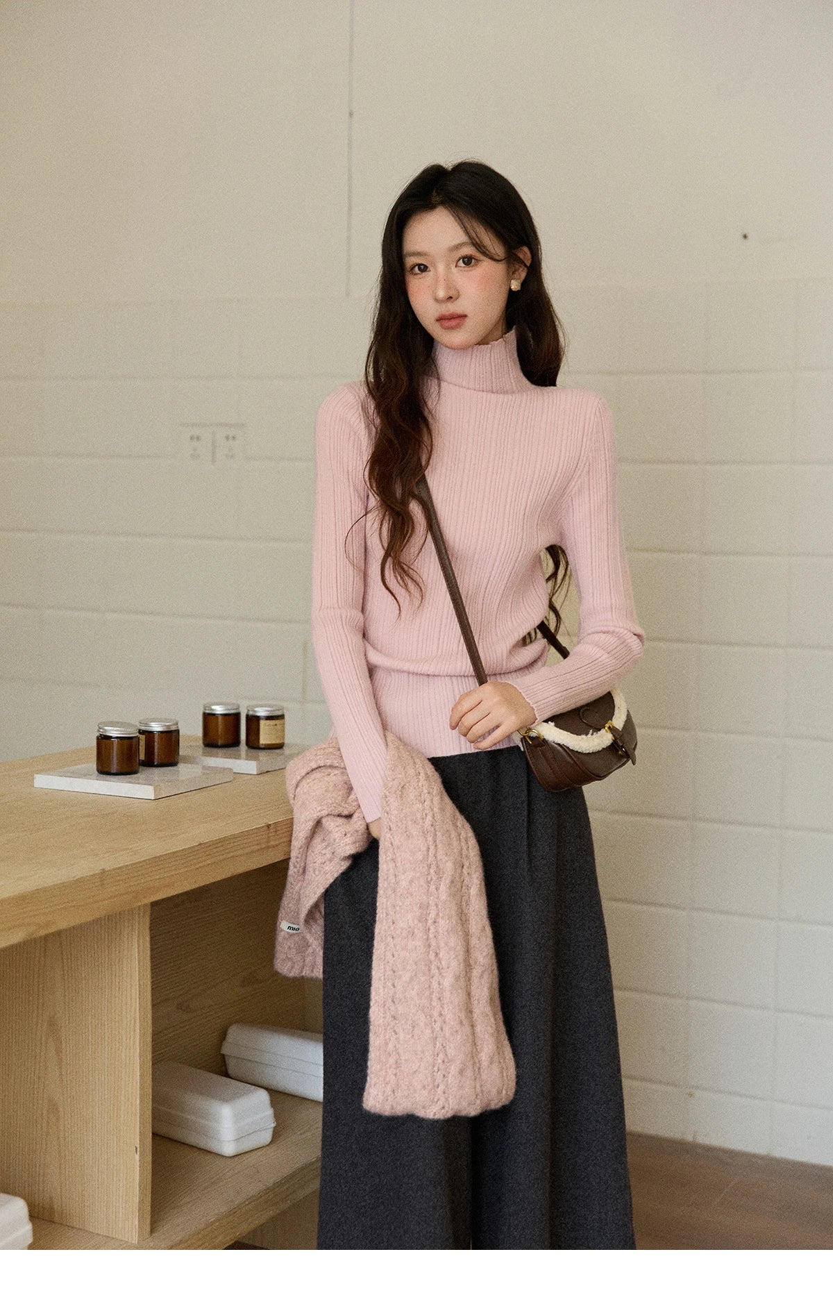 Mishow Solid Turtleneck Vertical Ribbed Slim Top MXE86Z2656