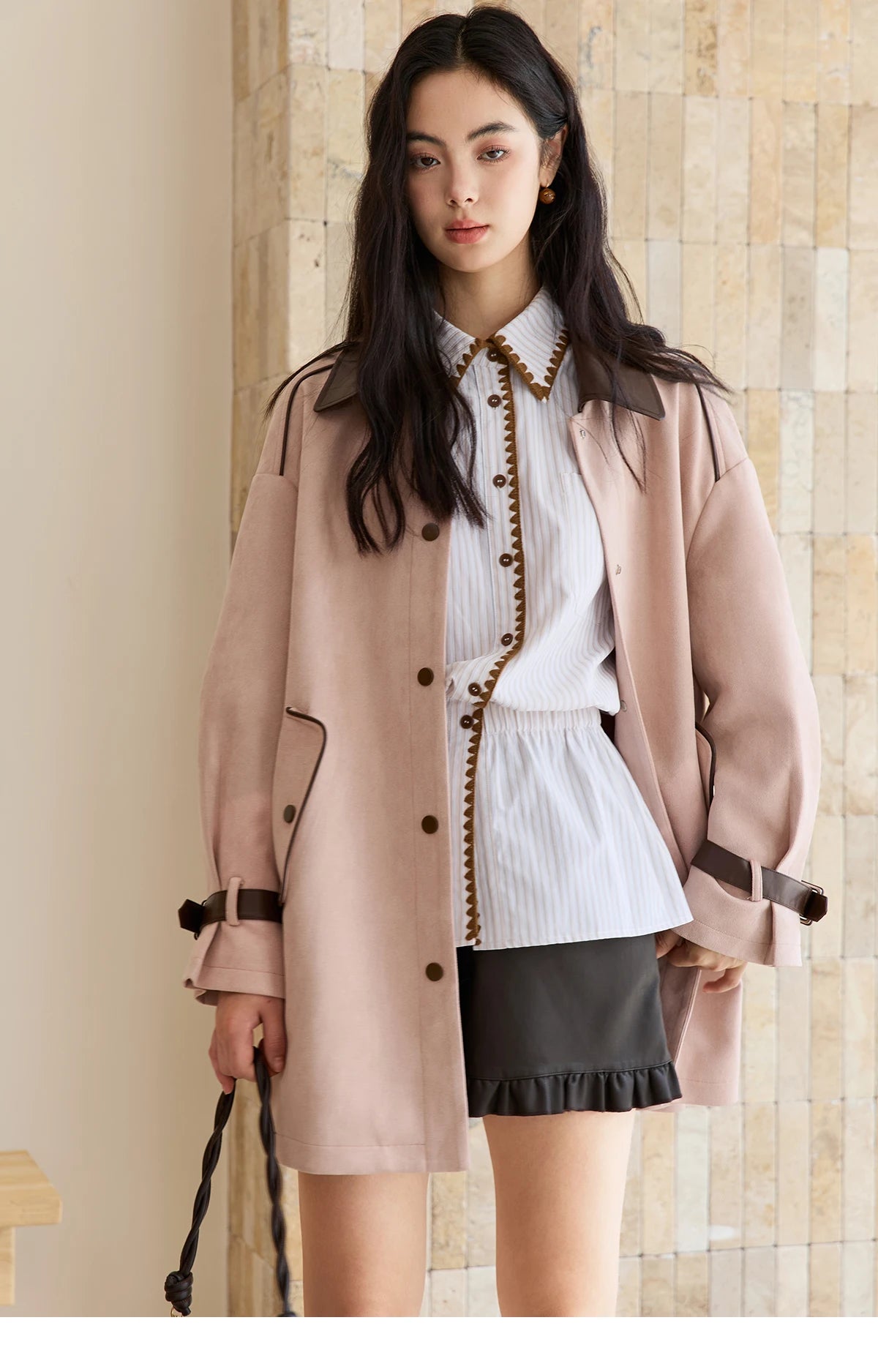 MISHOW Pink Mid-Length Jacket Turn-Down Collar Button Spliced MXE45W0845