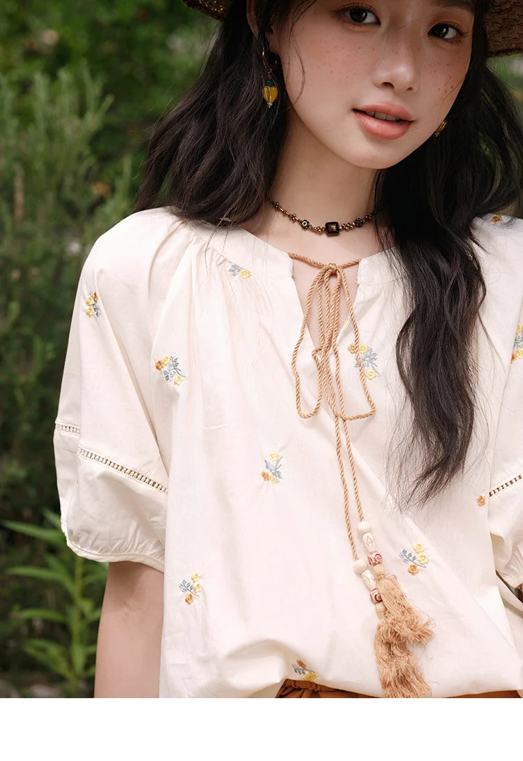 Mishow Puff Sleeve Lace-Up Top & Elastic Waist Shorts Set MXE38T0684