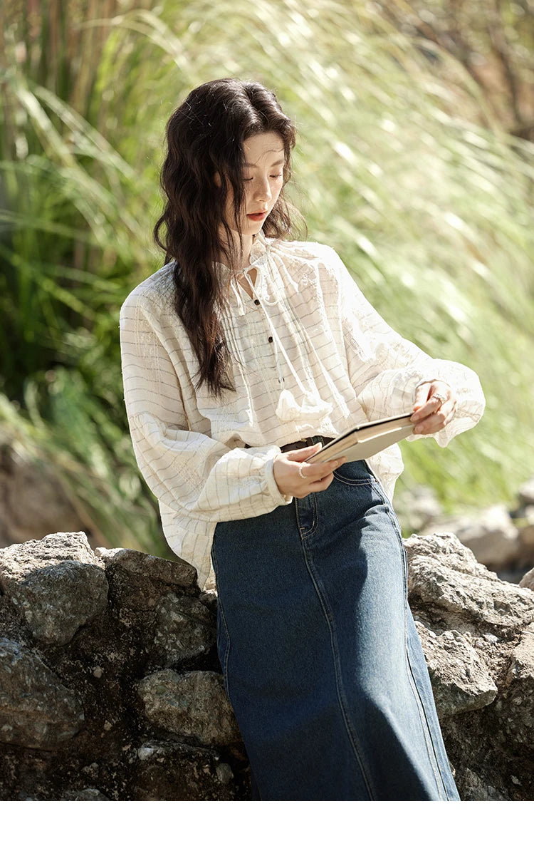 MISHOW French Striped Blouse Lace Collar Chiffon MXE12C0387