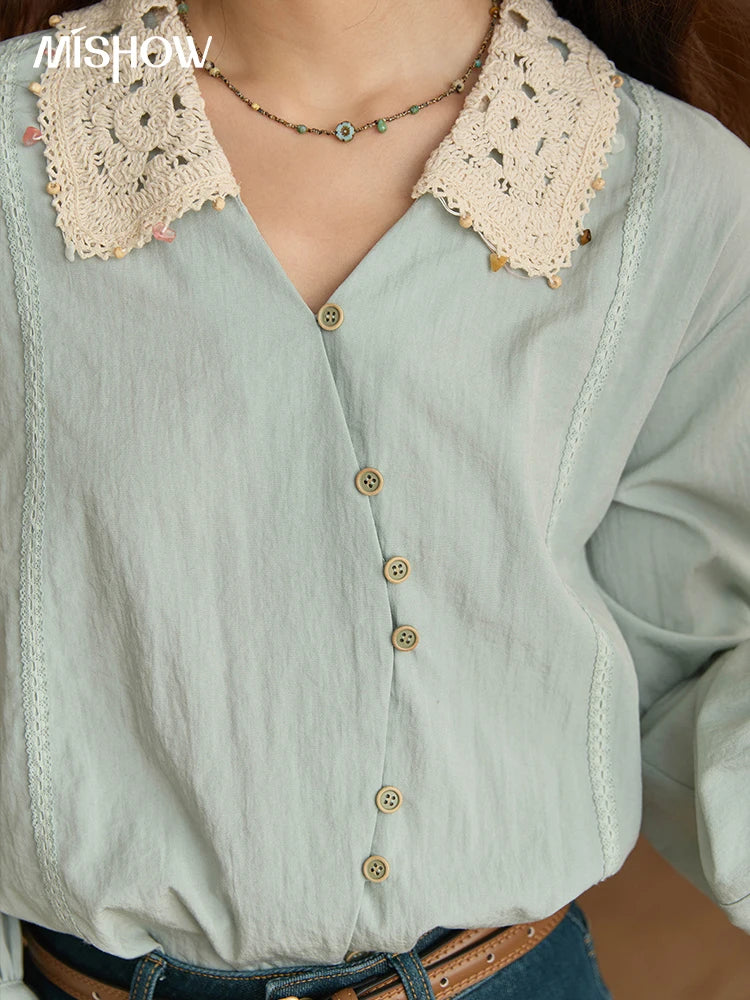 MISHOW Linen Shirt Contrast Apricot Lapel Curved Placket MXE43C2387