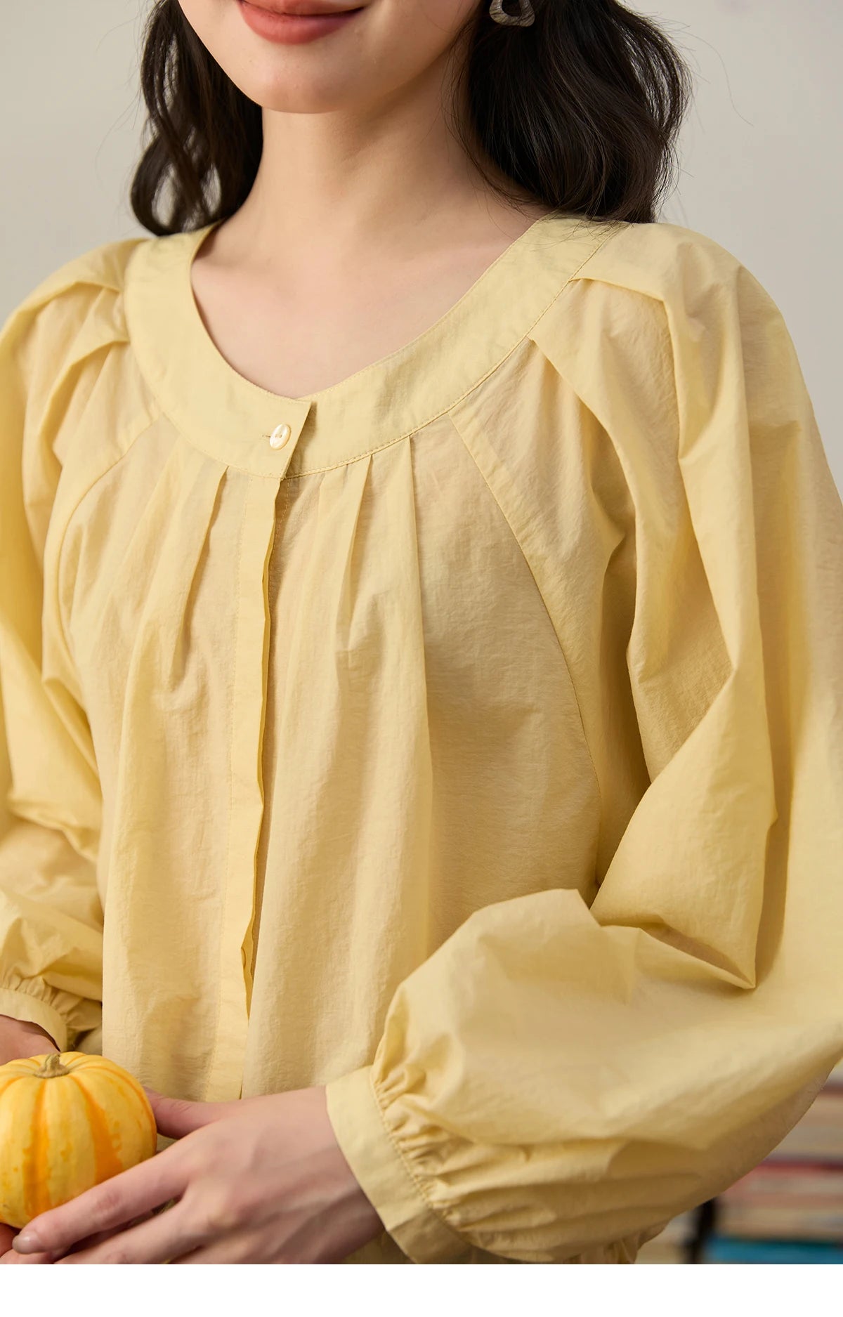 MISHOW Light Yellow Pleated Shirt Drawstring Hem Lantern Sleeve MXE45X2490
