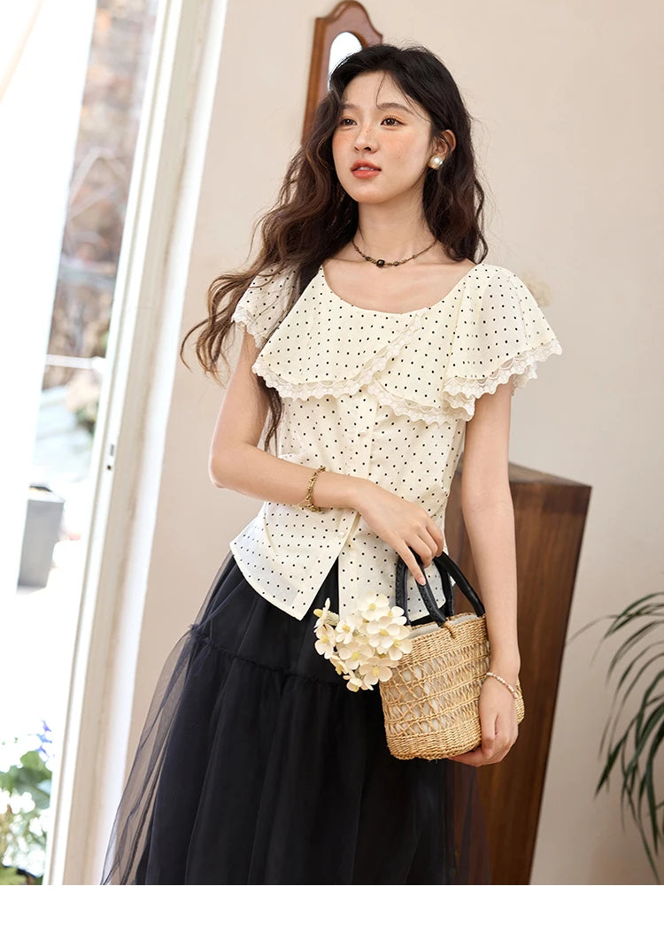 MISHOW Apricot Polka Dot Shirt Ruffle Edge Patchwork Lace MXE34X1783