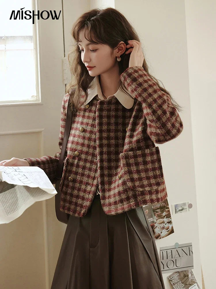 Mishow Vintage French Crop Plaid Woolen Top MXC48W0175