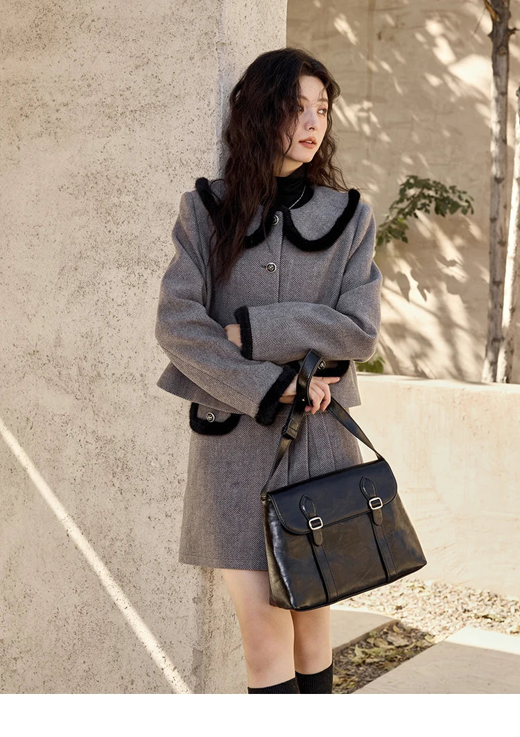 Mishow Plaid Tweed Jacket & Half Pleated Skirt Set MXD43W0442