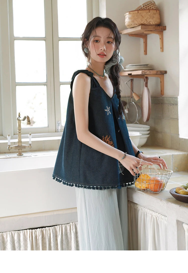 Mishow Embroidery Lace Tassel Denim Vest MXE37X1860