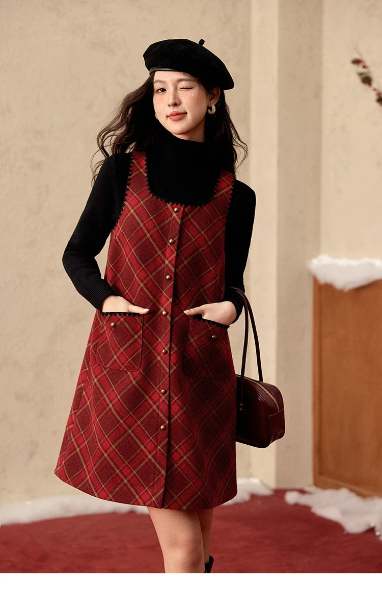 Mishow Plaid Square Neck Woolen Vest Dress MXD58L2078