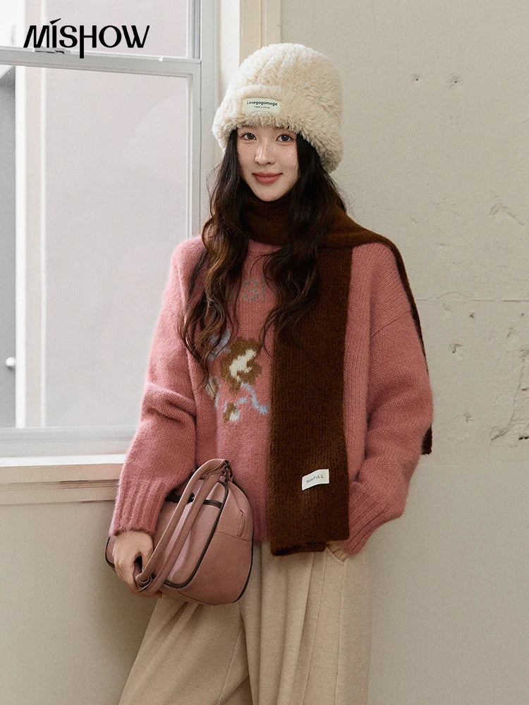 Mishow Pink Jacquard Crew Neck Pullover MXE91Z2831
