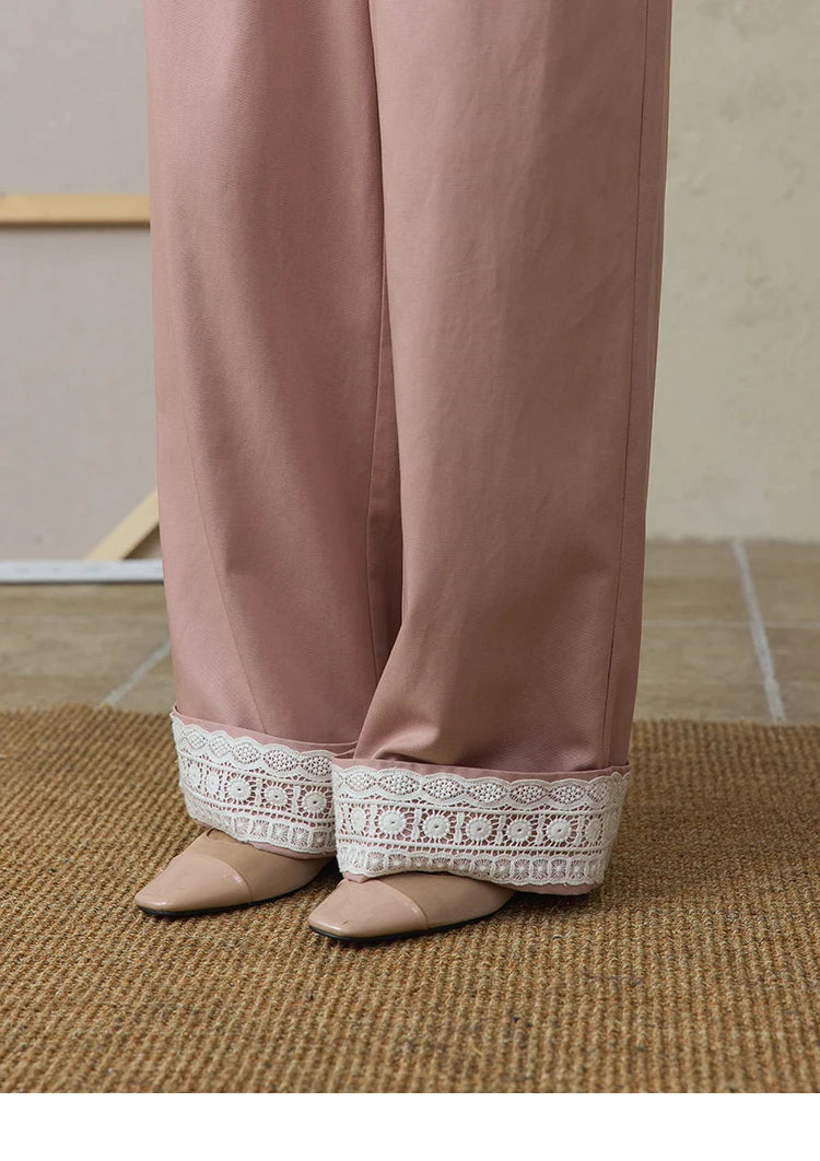 MISHOW Hem Lace Hollow Out Wide Leg Pants High Waist Pink MXE31K0900