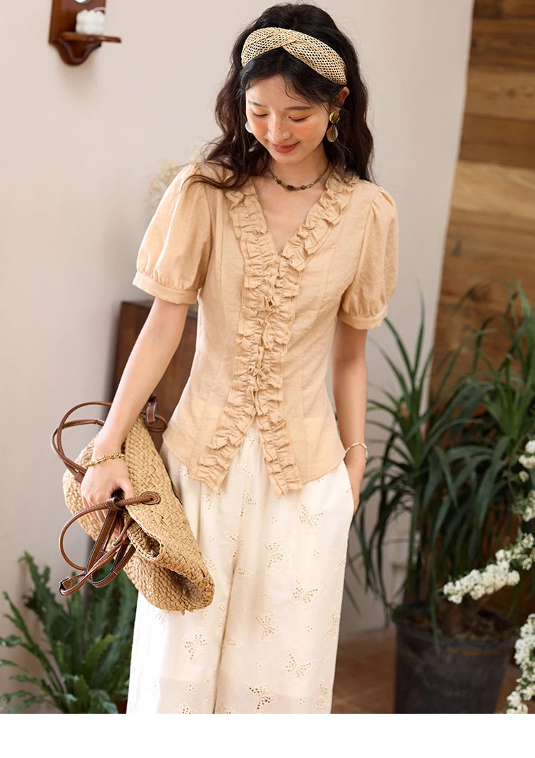 MISHOW V-Neck Blouse Puff Sleeve Fungus Edge Slim MXE35X1841