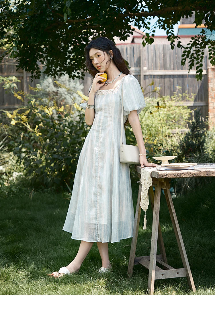 Mishow Striped Square Neck Lace Hollow Dress MXE39L2403