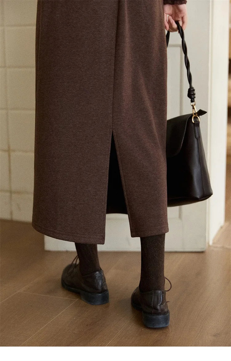 MISHOW Brown Retro High Waist Skirt Back Split Straight Leg MXE90B2447