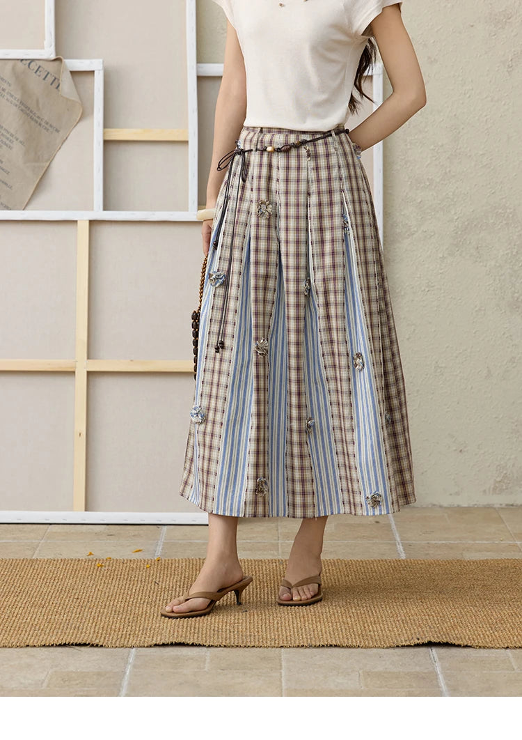 MISHOW Retro Plaid Patchwork Pleats Skirt A-LINE Slim MXE35B0726