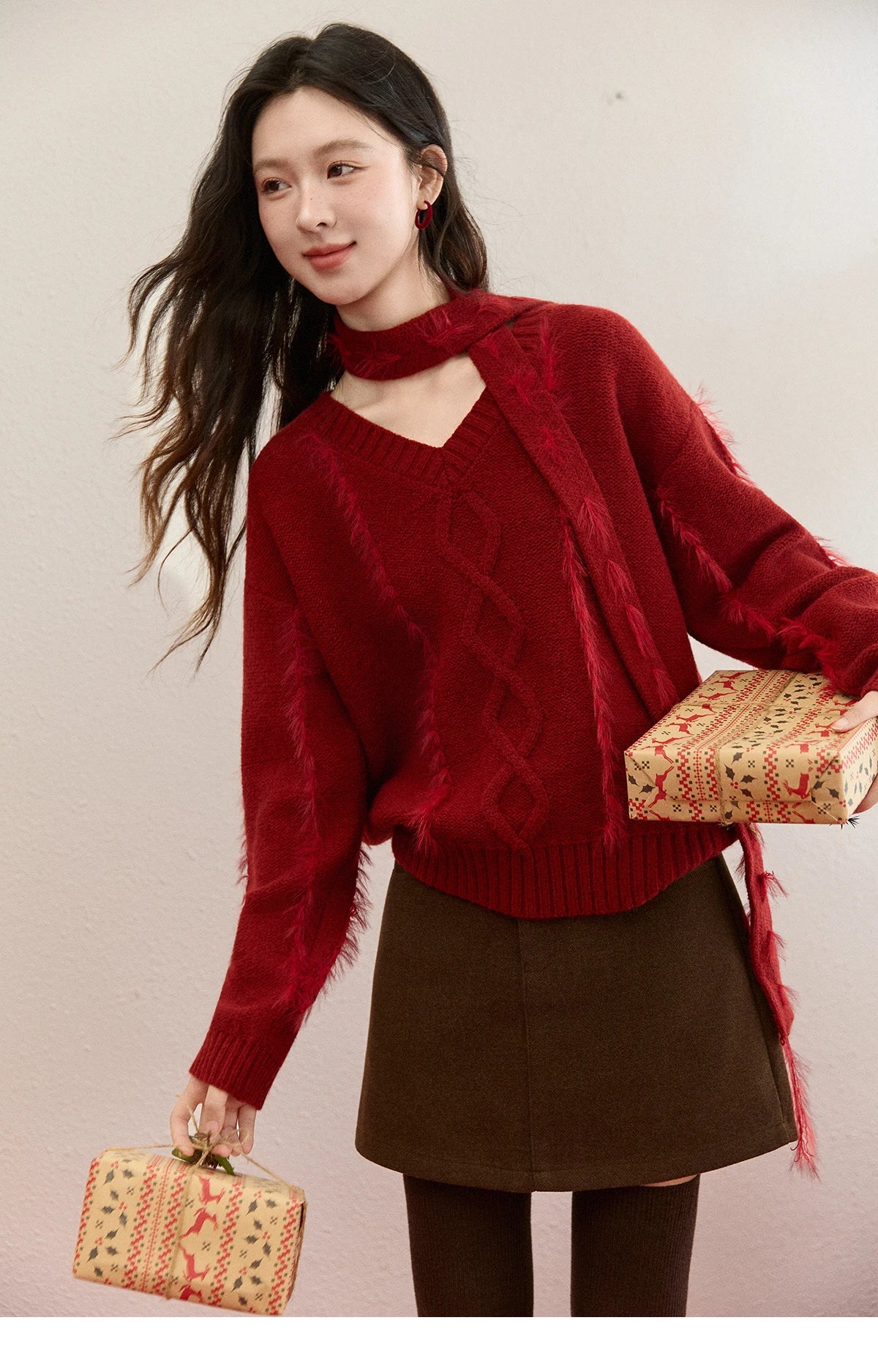 Mishow Burgundy Christmas Mink Fur Tassel Sweater MXE93Z2809