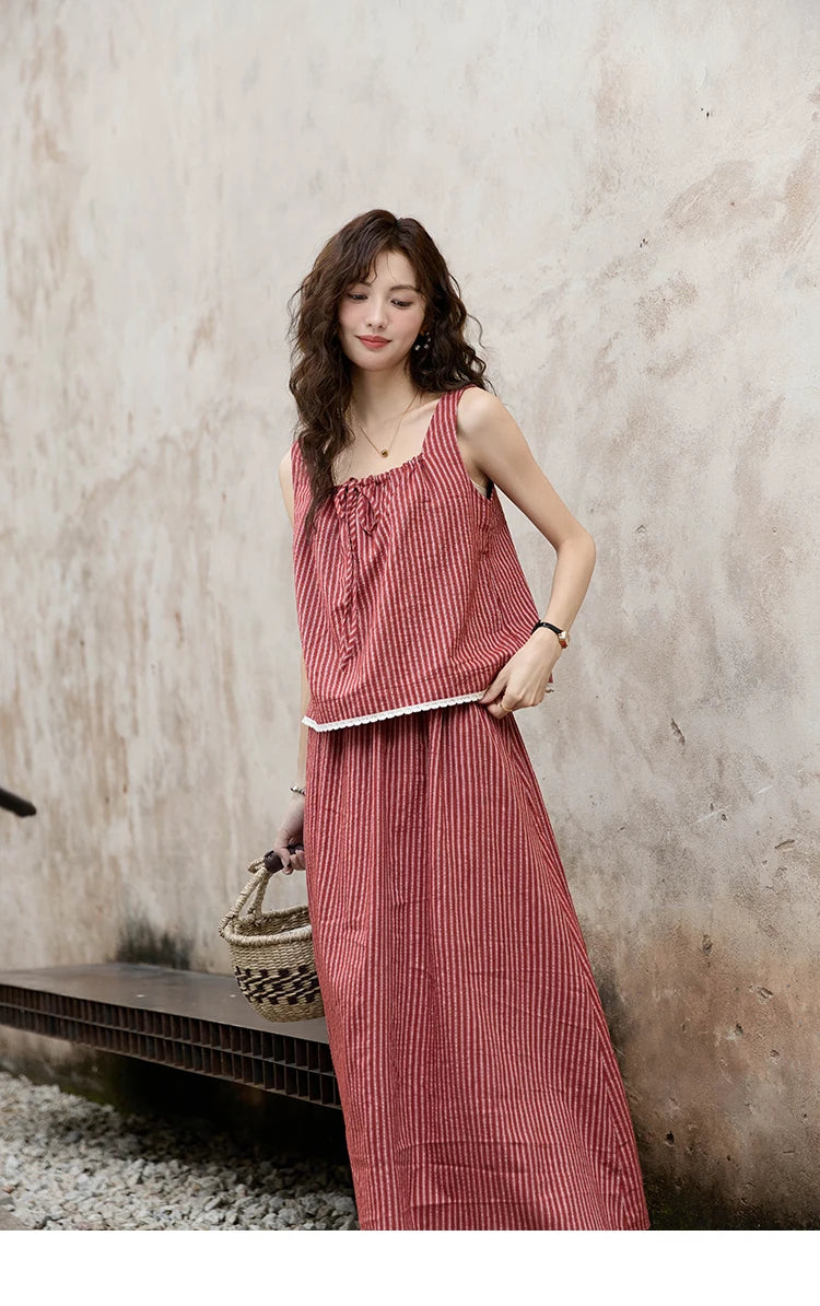 Mishow French Red Stripe Square Neck Tank & Elastic Waist Skirt Set MXD30X1631