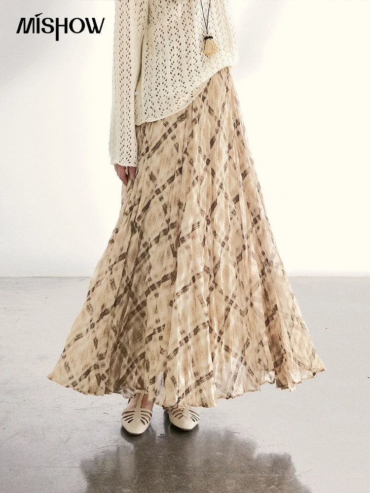 MISHOW Beige Plaid Maxi Skirt High Waist Flowy Elastic MXF108B0769