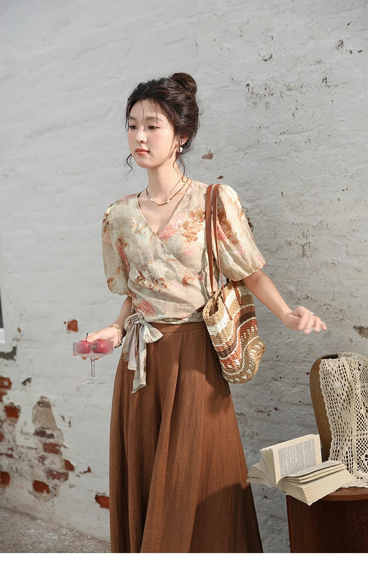 MISHOW French V-Neck Floral Puff Sleeve Blouse MXD28X1619